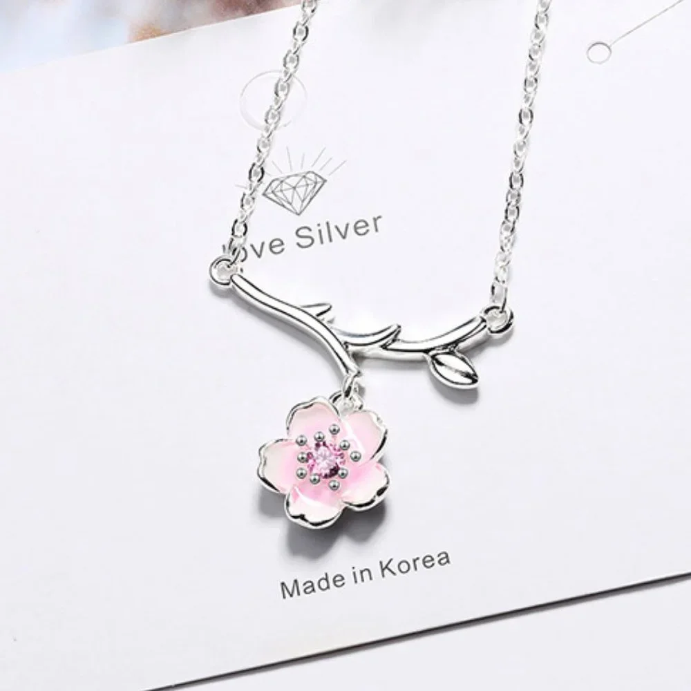 #NEW 925 Sterling Silver Pink White Diamond Cherry Blossom Leaf Branch Necklace